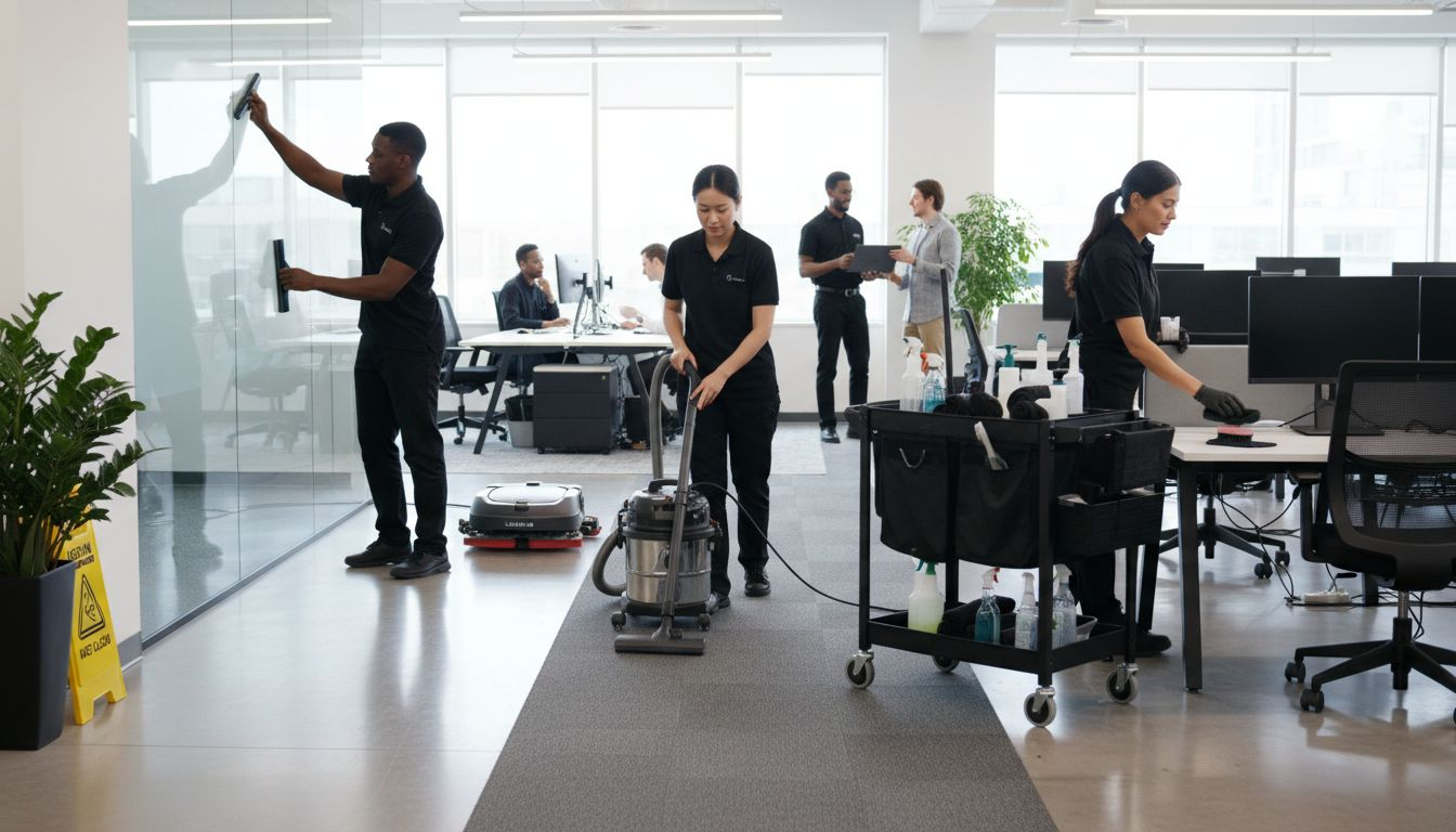 Professional commercial cleaning crew at work in a Newcastle office